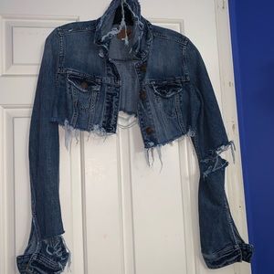 Cropped distressed jean jacket. Distressed by me.